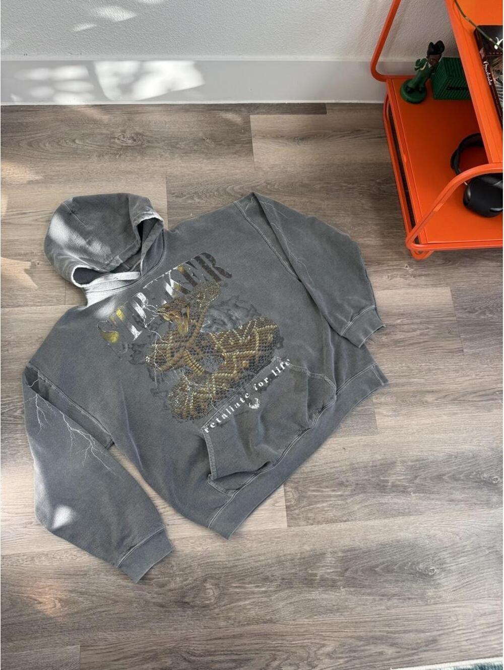 Gray Hoodie with Gold Snake Graphic, Very Good Condition